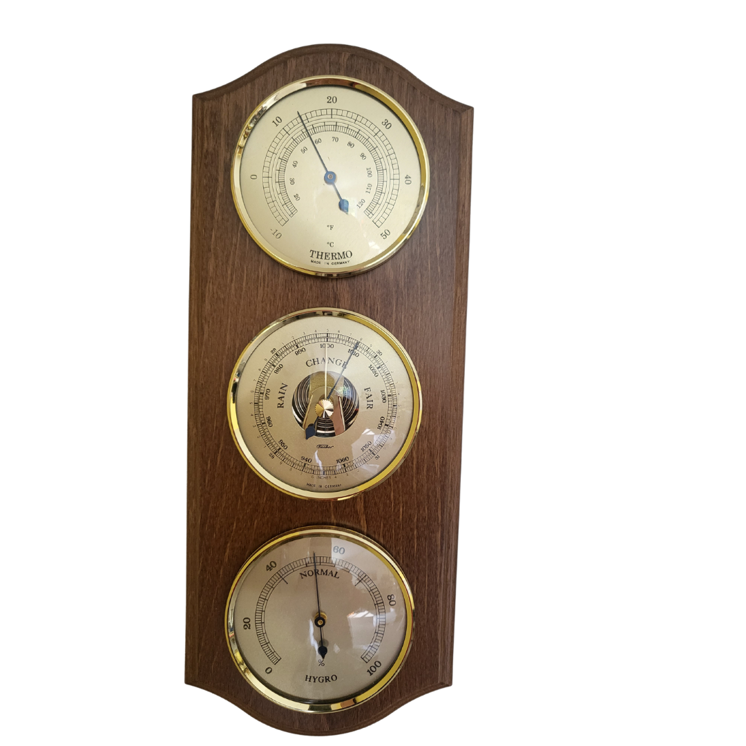 Rustic Oak &amp; Brass Weatherstation-3 in 1 - Hygrometer + Barometer + Thermometer