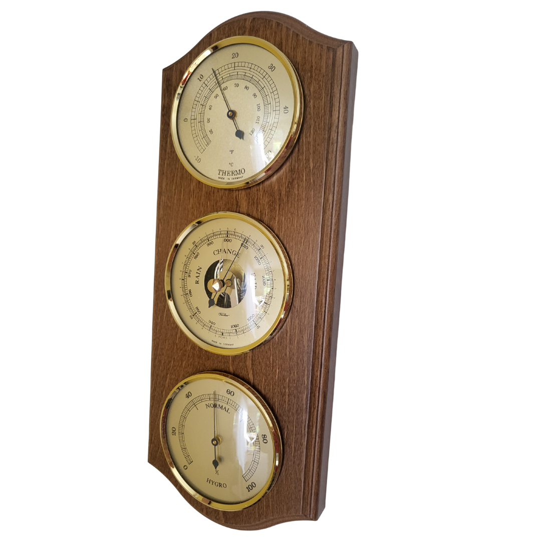 Rustic Oak &amp; Brass Weatherstation-3 in 1 - Hygrometer + Barometer + Thermometer